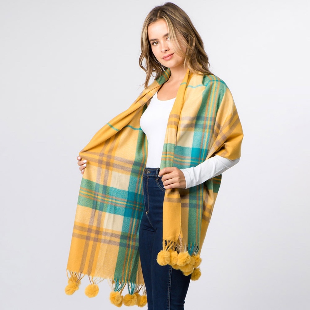 Pom Pom Tassel Plaid Scarf